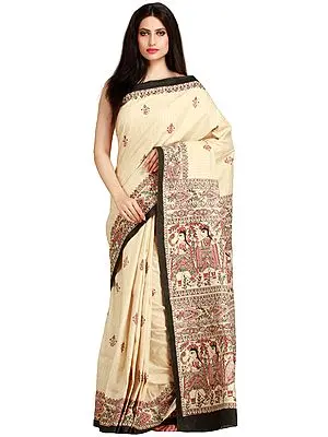 Almond-Oil Sari from Jharkhand with Printed Madhubani Marriage Procession on Pallu