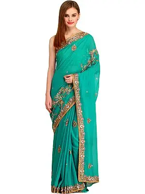 Tropical-Green Designer Wedding Sari with Floral-Embroidered Beads and Stones