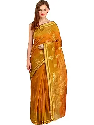 Buckthorn-Brown Chanderi Sari With Zari-Woven Leaves on Pallu and Striped Border