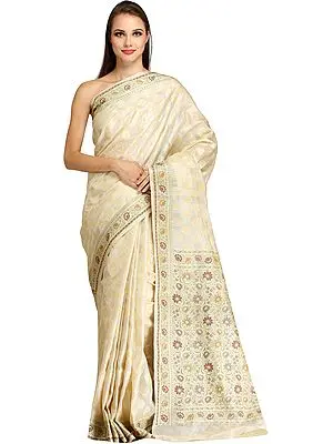 Off-White Butter-Crepe Sari from Banaras wit Woven Bootis and Flowers on Pallu