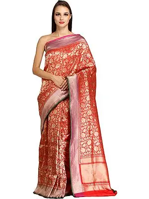 Bridal-Red Brocaded Handloom Banarasi Sari with Zari-Woven Lotuses All-Over