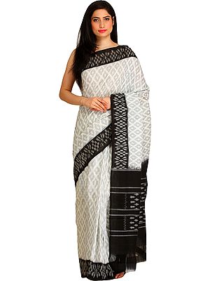 Ivory and Black Ikat Handloom Sari from Pochampally with Woven Bootis