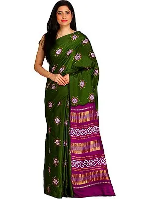 Green and Purple Bandhani Tie-Dye Sari from Jodhpur with Zari-Weave on Pallu