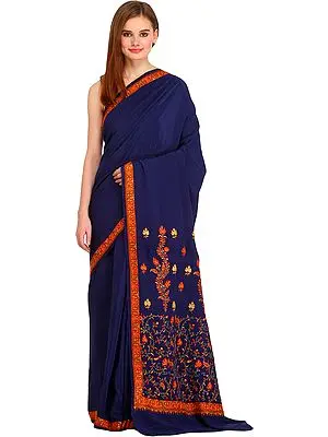 Blue-Depths Plain Kashmiri Sari with Needle Hand-Embroidered Maple Leaves on Pallu