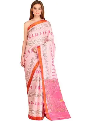 Parfait-Pink Ikat Handloom Patan-Patola Sari from Gujarat with Zigzag Weave and Paisleys
