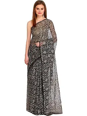 Jet-Black Lukhnavi Chikan Sari with Hand-Embroidered Leaves All-Over