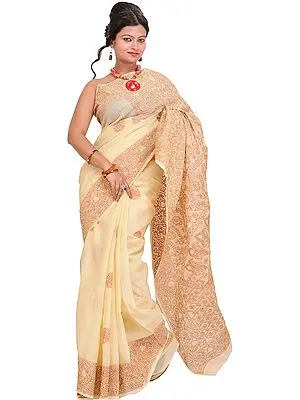 Vanilla-Cream Lukhnavi Chikan Sari with Floral-Embroidery by Hand
