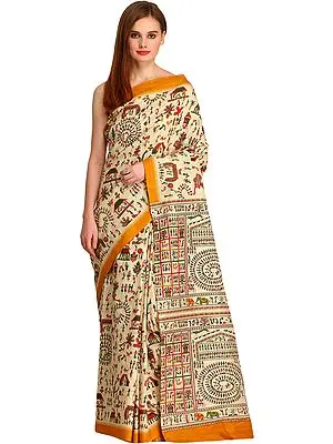 Almond-Oil Printed Sari from Bengal with Warli Folk Motifs All-Over and Temple Border