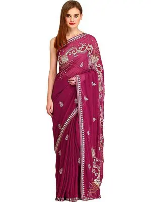 Violet-Quartz Designer Wedding Sari with Embroidered-Beads and Stone-work