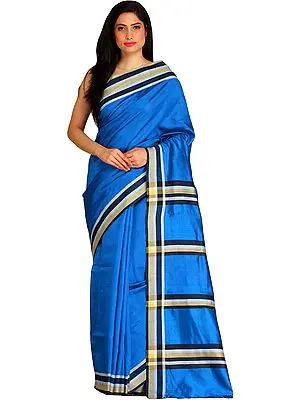 Imperial-Blue Plain Sari from Bengal with Woven Stripes
