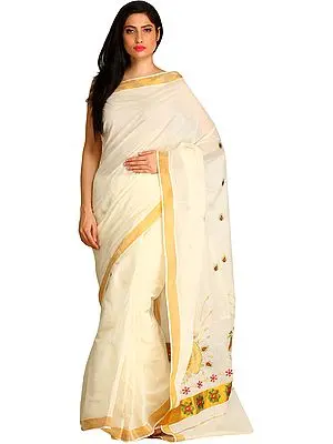 Off-White Kasavu Sari from Kerala with Zari-Embroidered Peacocks on Pallu