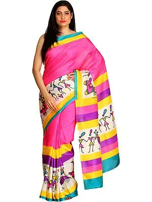 Azalea-Pink Bhagalpuri Saree with Printed Warli Folk Motifs and Striped Border