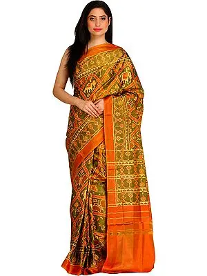Olive-Green Handloom Paan-Patola Sari from Patan with Ikat Woven Motifs