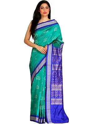 Green and Blue Bomkai Sari from Orissa with Woven Warli Folk Motifs on Pallu and Ikat Temple Border