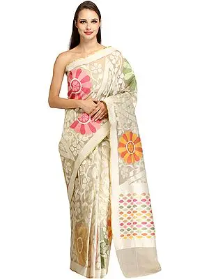 Pristine-White Tissue Sari from Banaras with Woven Giant Flowers