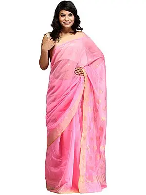 Sachet-Pink Chanderi Handloom Sari With Zari-Woven Lotuses on Pallu