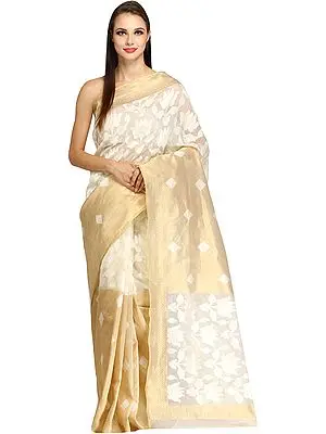 Ivory and Golden Wedding Sari from Banaras with Woven Lotuses in Self Color Thread
