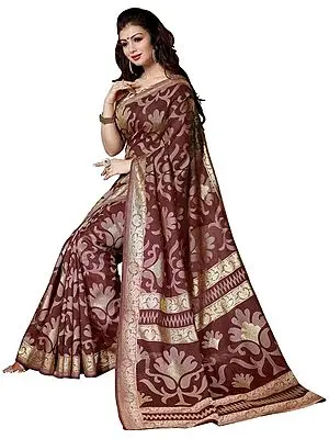 Apple-Butter Kashida Silk Striped Sari with Giant Floral Weave and Golden Print on Border
