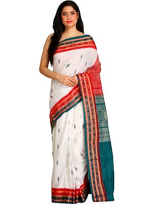 Star-White Bomkai Sari from Orissa with Dense Weave on Pallu