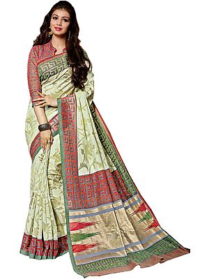 Lime-Cream Kashida Silk Sari with Woven Lotuses in Self Color Thread