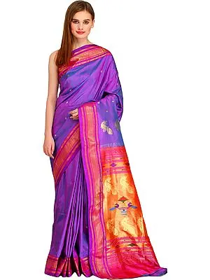 Dahlia-Purple Paithani Sari with Brocaded Border and Hand-Woven Peacocks on Pallu