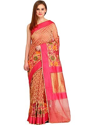 Golden and Pink Wedding Tissue Sari from Banaras with Woven Flowers on Border