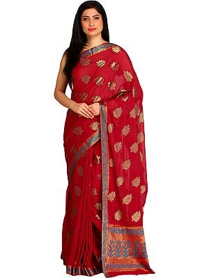 Persian-Red Sari from Bangalore with Woven Golden Leaves