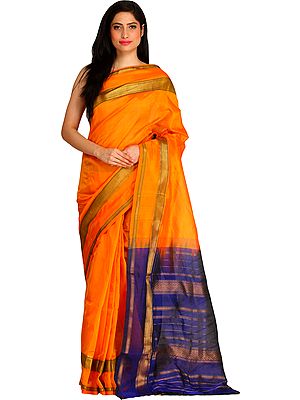 Bright-Marigold and Blue Sari from Chennai with Zari Weave on Pallu