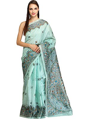 Fair-Aqua Madhubani Hand-Painted Sari from Bengal