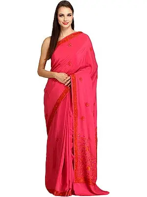 Honeysuckle-Pink Sari from Kashmir with Sozni-Embroidery by Hand