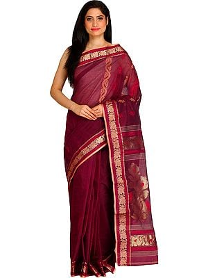 Mauve-Wine Purbasthali Tangail Sari from Bengal with Floral Woven Border and Pallu