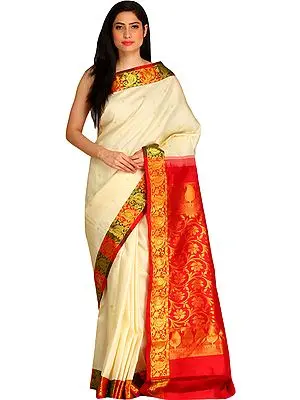 Cream and Red Kanjivaram Sari from Bangalore with Brocaded Pallu and Border