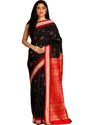 Black and Red Bomkai Sari from Orissa with Large Bootis and Dense Weave on Pallu