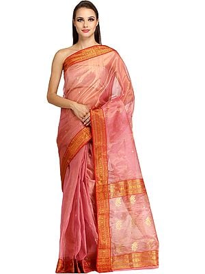 Strawberry-Ice Chanderi Tissue Sari with Woven Small Bootis and Brocaded Border