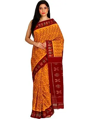 Orange and Maroon Ikat Handloom Sari from Pochampally with Woven Paisleys