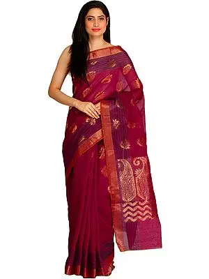 Sangria-Red Sari from Kolkata With Large Woven Bootis and Paisleys on Pallu