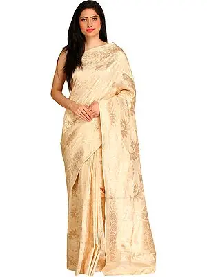 Pearled-Ivory Wedding Sari from Banaras with Woven Golden Flowers All-Over
