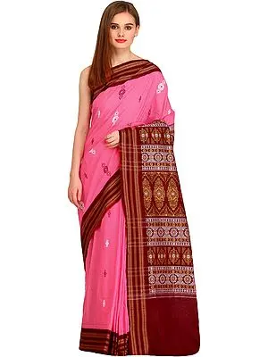 Pink and Maroon Bomkai Sari from Orissa with Rudraksha Border and Floral Weave on Pallu