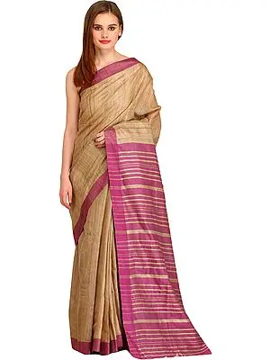 Light-Taupe and Tulipwood Kosa Sari from Bengal with Striped Pallu