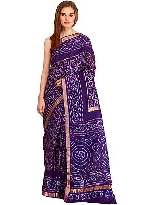 Deep-Blue Bandhani Gharchola Sari from Jodhpur with Golden Thread Weave