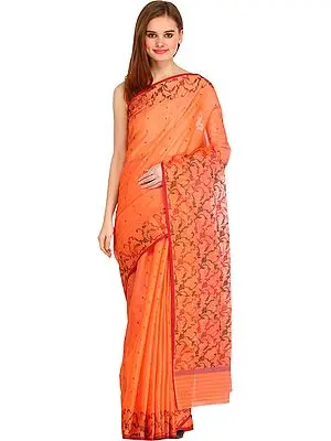 Papaya-Punch Chanderi Sari with Floral Weave