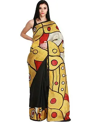 Black and Bright Gold Sari from Kolkata with Modern Print