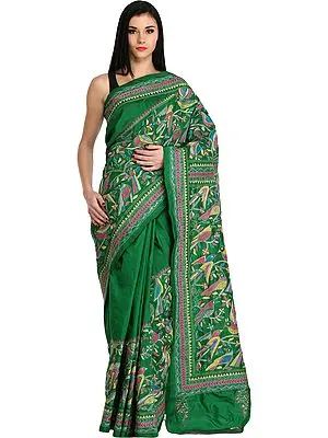 Kelly-Green Kantha Sari from Kolkata with Hand-Embroidered Birds