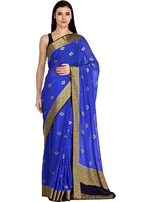 Vibrant-Blue Sari from Bangalore with Zari-Woven Bootis and Brocaded Border