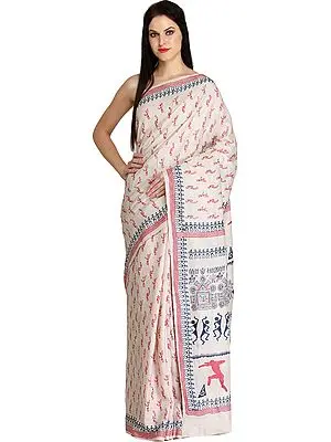 Dusty-White Sari from Madhya Pradesh with Printed Warli Folk Motifs
