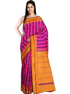 Pink and Nugget Sari from Bangalore with Woven Checks and Striped Pallu