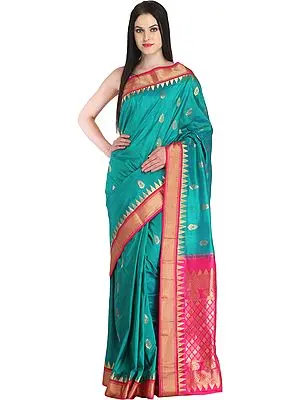 Green and Pink Wedding Sari from Bangalore with Zari-Woven Bootis and Temple Border