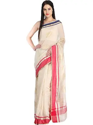 Cream Handloom Chanderi Sari with Zari-Woven Flowers