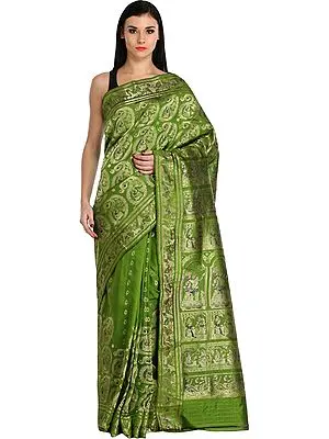 Peridot-Green Baluchari Sari from Bengal Depicting Mythological Episodes from Mahabharata