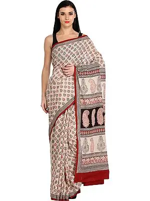 Off-White Block Printed Sari from Madhya Pradesh with Bootis All-Over